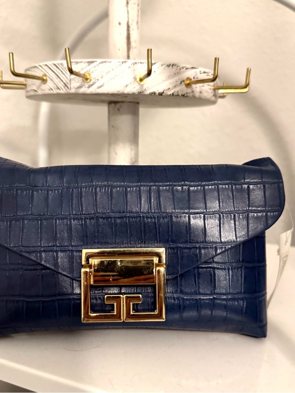 Navy Croc-Embossed Women's Clutch with Gold Turn-Lock